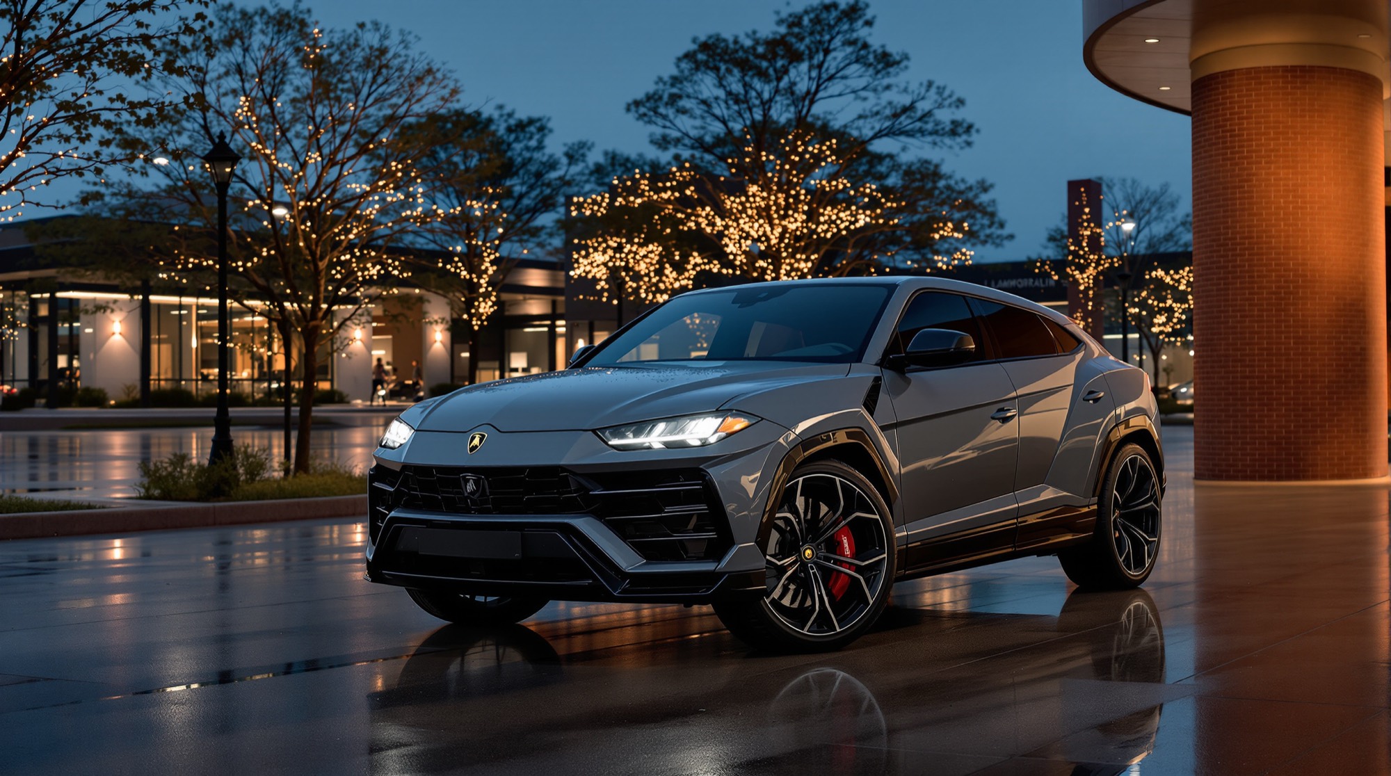 Gray Lamborghini Urus parked at dusk in Frisco, Texas